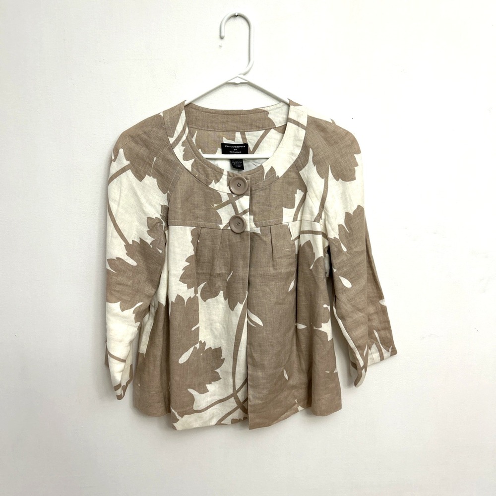 Philosophy‎ by Republic Linen Jacket Sz 4 Lined Tan Ivory 3/4 Sleeve Neutral